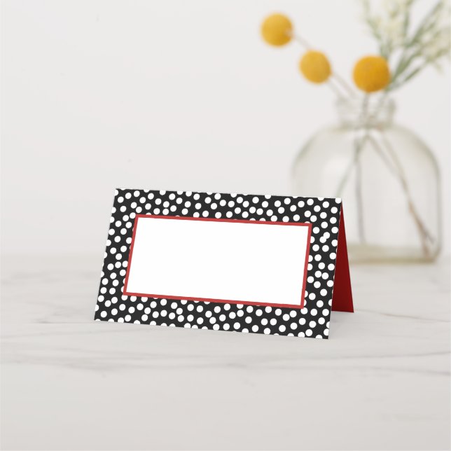 Whimsical Black and White Polka Dots with Red Place Card (Front)