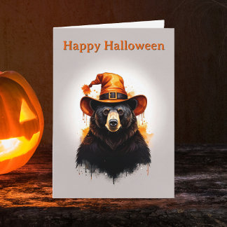 Whimsical Black Bear Orange Witch Hat Halloween Card