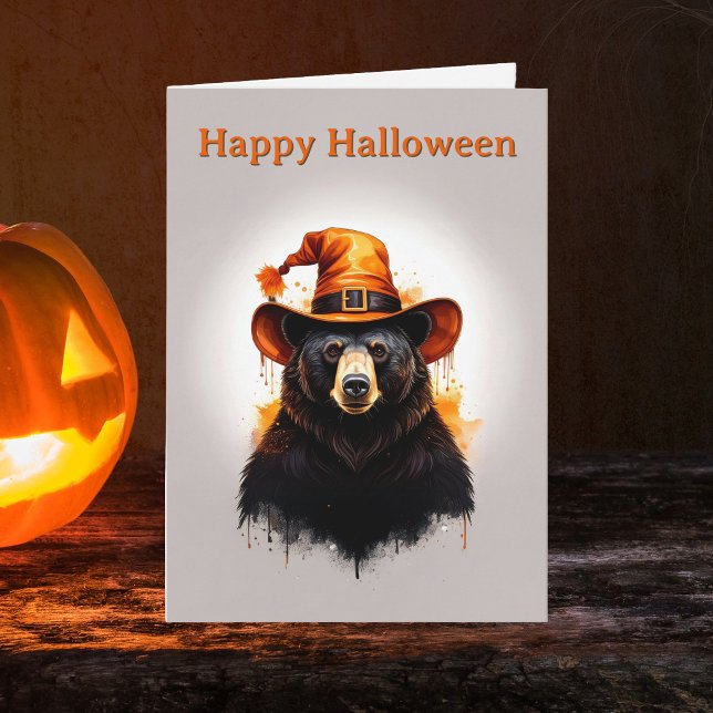 Whimsical Black Bear Orange Witch Hat Halloween Card (Happy Halloween Black Bear Witches Hat design greeting card. Spooky Season Fall greetings cards)