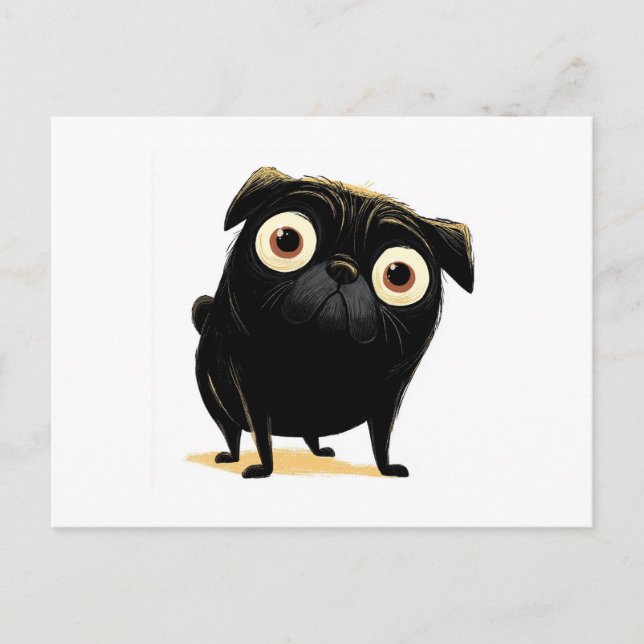 Whimsical Black Big Eyed Pug Postcard (Front)