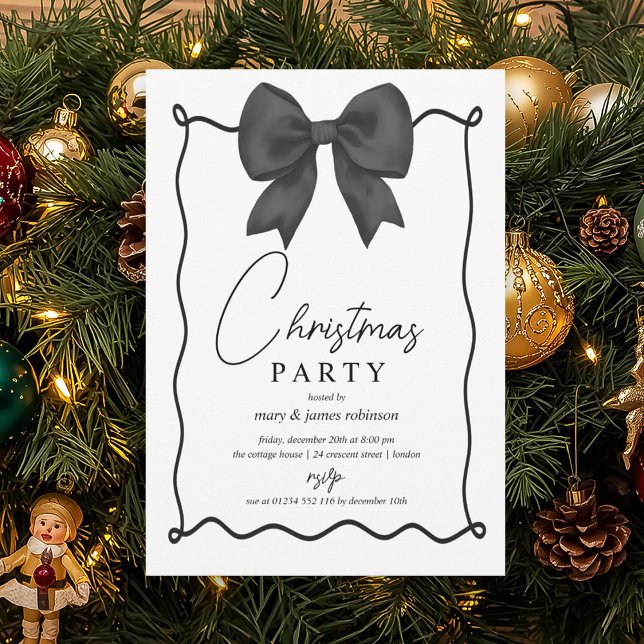 Whimsical Black Bow Christmas Holiday Party  Invitation (Whimsical Black Bow Christmas Holiday Party Invitation)