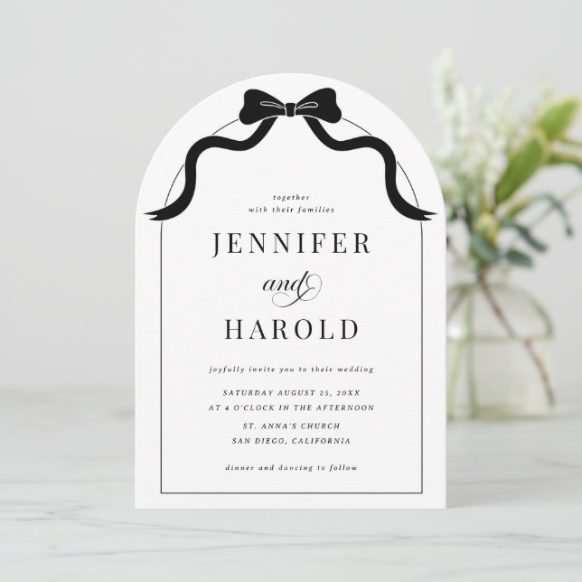 Whimsical Black Bow French All in One Arch Wedding Invitation (Standing Front)