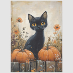 Whimsical Black Cat and Pumpkins Decoupage Tissue Paper