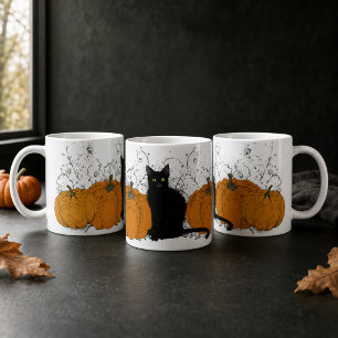 Whimsical Black Cat and Pumpkins Halloween Coffee Mug