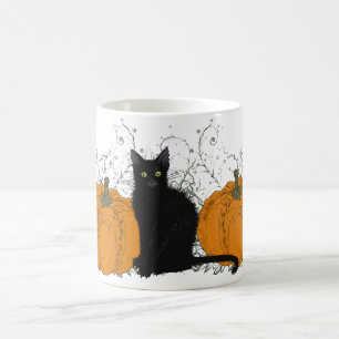 Whimsical Black Cat and Pumpkins Halloween Coffee Mug