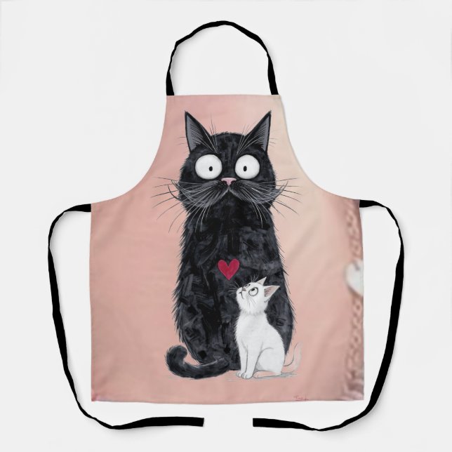 Whimsical Black Cat and White Kitten with Red Hear Apron (Front)