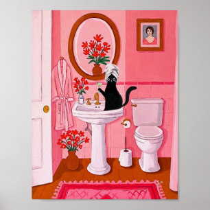 Whimsical Black Cat Bathroom Art – Pink Feminine  Poster