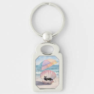 Whimsical Black Cat Beach Keychain