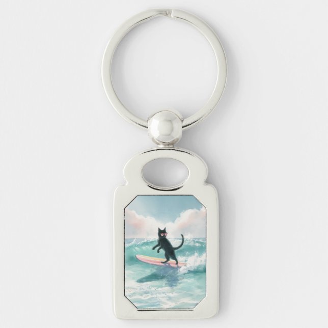 Whimsical Black Cat Beach Keychain (Front)