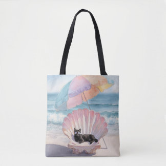 Whimsical Black Cat Beach Tote Bag