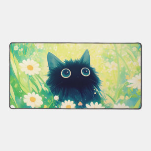 Whimsical Black Cat Daisy Meadow Teal Sky Desk Mat
