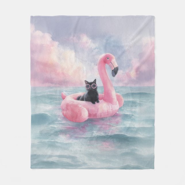 Whimsical Black Cat Flamingo Float Blanket (Front)