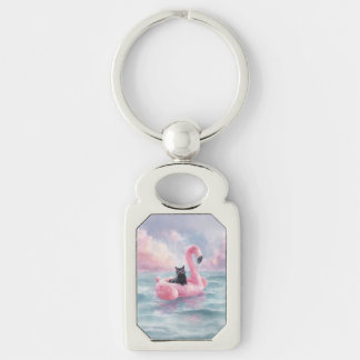 Whimsical Black Cat Flamingo Float Keychain
