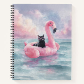 Whimsical Black Cat Flamingo Float Notebook