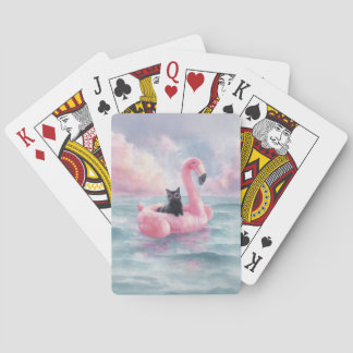 Whimsical Black Cat Flamingo Float Playing Cards