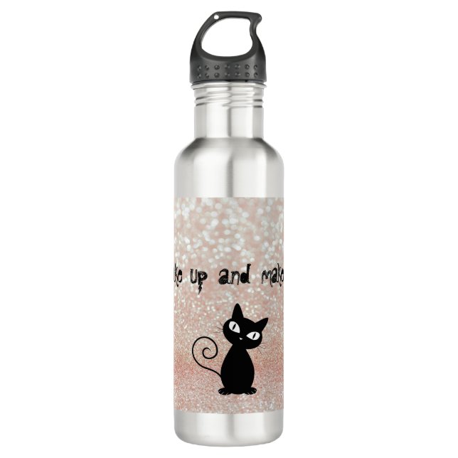 Whimsical  Black Cat Glittery-Wake up and makeup 710 Ml Water Bottle (Front)
