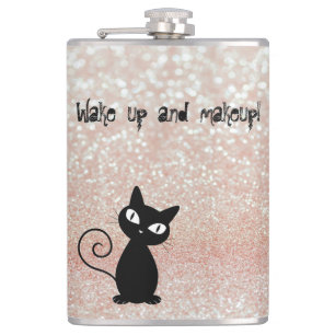 Whimsical Black Cat Glittery-Wake up and makeup Hip Flask
