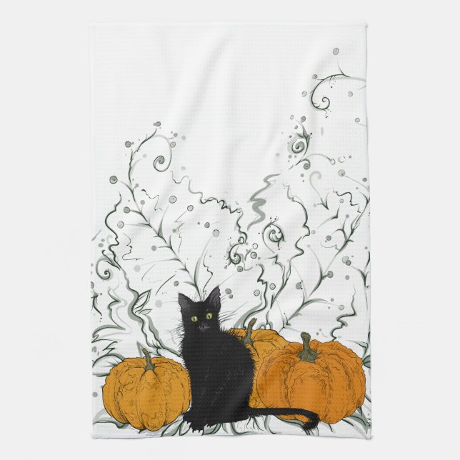 Whimsical Black Cat Halloween Tea Towel (Vertical)