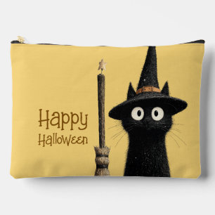 Whimsical Black Cat Happy Halloween Accessory Pouch