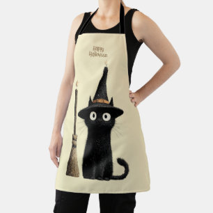 Whimsical Black Cat Happy Halloween Apron