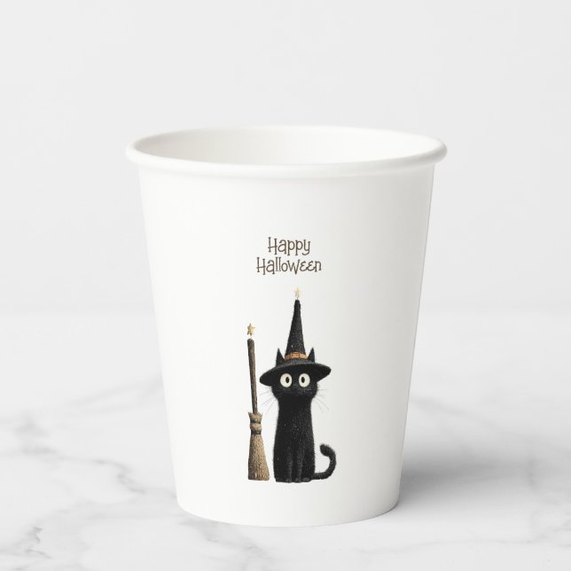 Whimsical Black Cat Happy Halloween Paper Cups (Back)