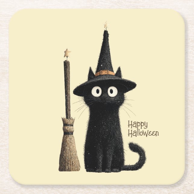 Whimsical Black Cat Happy Halloween Square Paper Coaster (Front)
