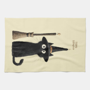 Whimsical Black Cat Happy Halloween Tea Towel