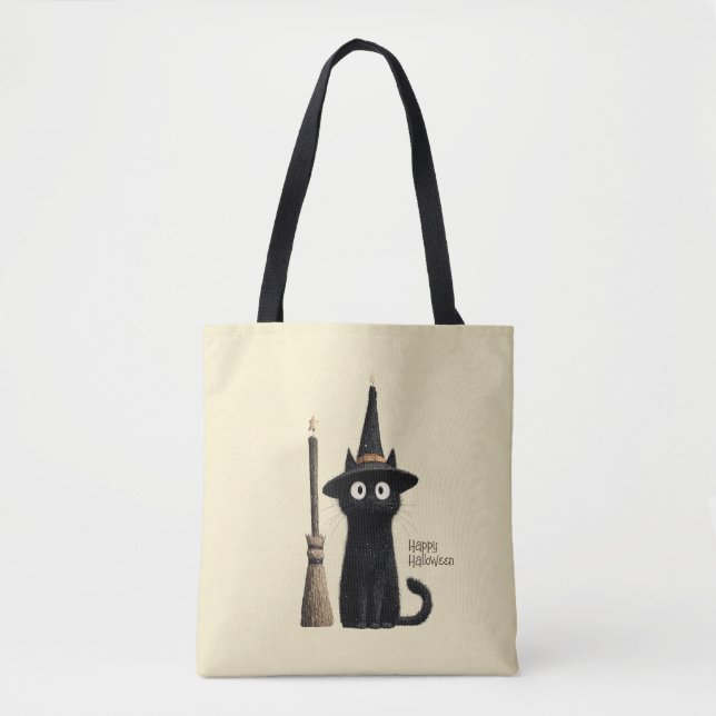 Whimsical Black Cat Happy Halloween Tote Bag (Front)