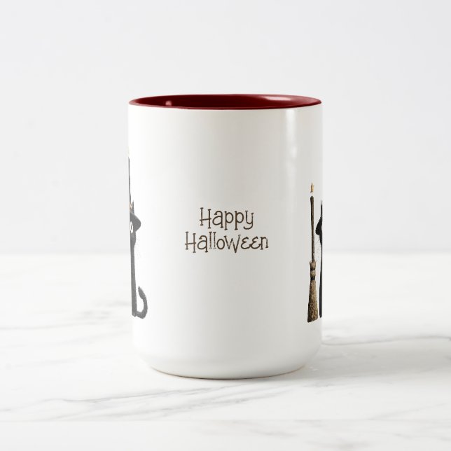 Whimsical Black Cat Happy Halloween Two-Tone Coffee Mug (Center)