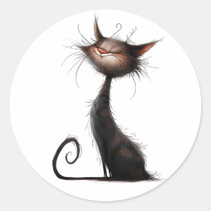 Whimsical Black Cat Illustration Classic Round Sticker