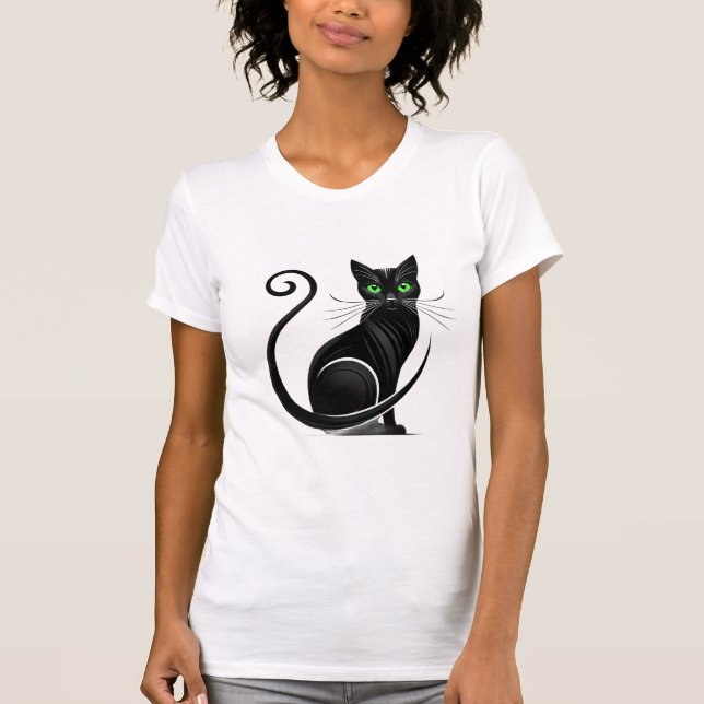 Whimsical Black Cat Illustration T-Shirt (Front)