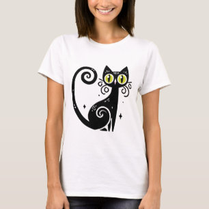 Whimsical Black Cat Illustration T-Shirt