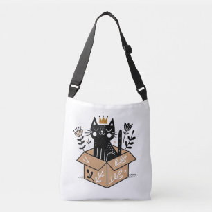 Whimsical Black Cat in a Box with Crown  Crossbody Bag