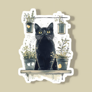 Whimsical Black Cat on a Plant Shelf