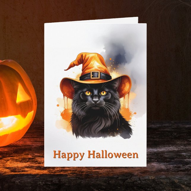 Whimsical Black Cat Orange Witch Hat Halloween Card (Happy Halloween Black Cat Greeting Card. Witchy familiar spooky season greetings cards)