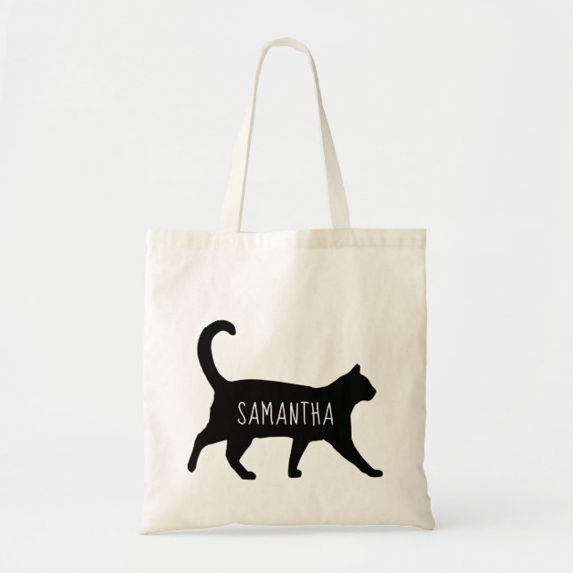 Whimsical Black Cat Personalised with Your Name Tote Bag (Front)