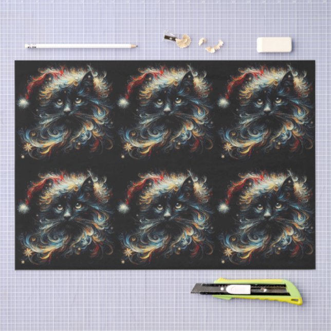 Whimsical Black Cat Santa Christmas Hat Decoupage Tissue Paper (Craft)