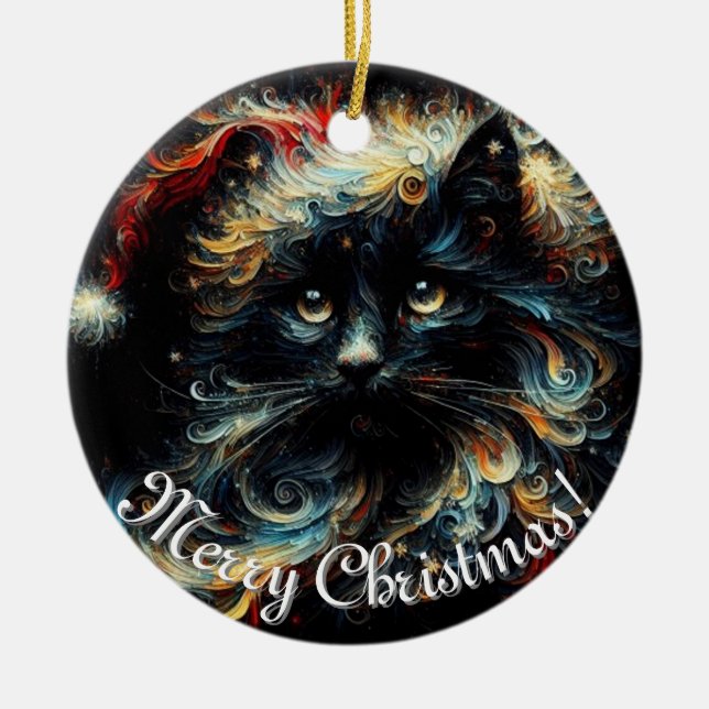 Whimsical Black Cat Santa Christmas Hat Seasonal  Ceramic Tree Decoration (Front)