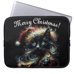 Whimsical Black Cat Santa Christmas Hat Seasonal Laptop Sleeve