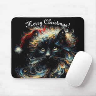Whimsical Black Cat Santa Christmas Hat Seasonal Mouse Pad
