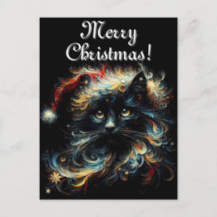 Whimsical Black Cat Santa Christmas Hat Seasonal Postcard