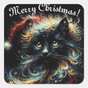 Whimsical Black Cat Santa Christmas Hat Seasonal Square Sticker