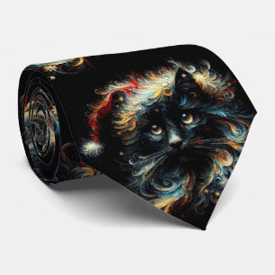 Whimsical Black Cat Santa Christmas Hat Seasonal Tie