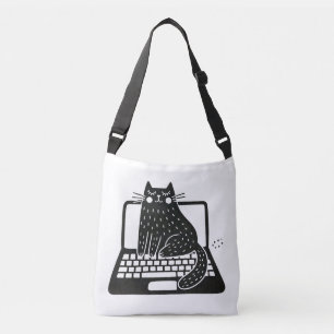 Whimsical Black Cat Sitting on Laptop Crossbody Bag