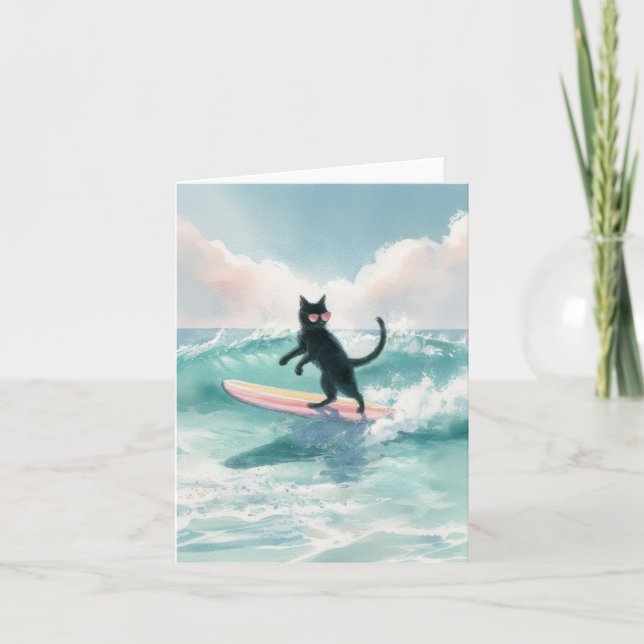 Whimsical Black Cat Surfer Card (Front)