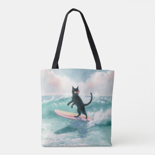 Whimsical Black Cat Surfer Tote Bag (Back)