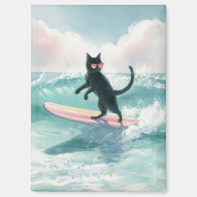 Whimsical Black Cat Surfing Magnet (Front)