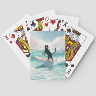 Whimsical Black Cat Surfing Playing Cards