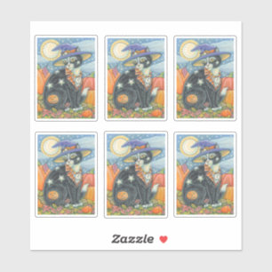 WHIMSICAL BLACK CAT WITCH HALLOWEEN STICKERS