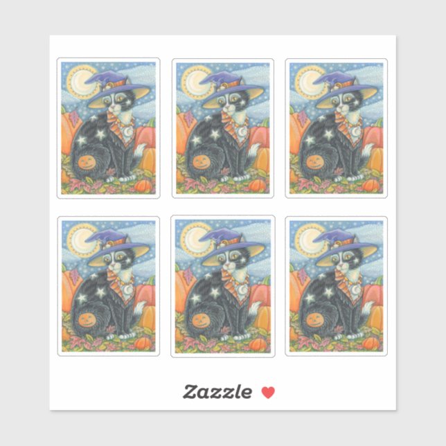 WHIMSICAL BLACK CAT WITCH HALLOWEEN STICKERS (Sheet)